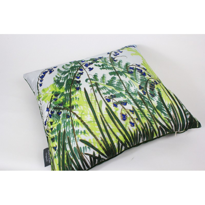 Ferns and Bluebells silk hand-painted cushion