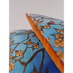 Blue birds silk hand-painted cushion